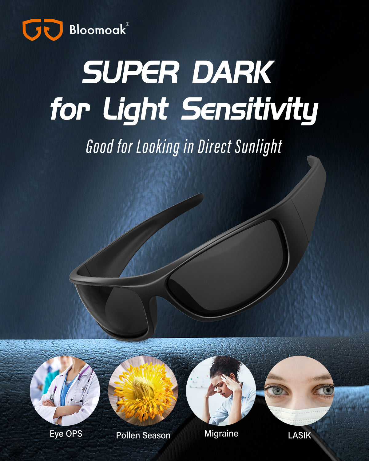 Bloomoak Super Dark Lens Black Polarized Sunglasses | Wrap Around Sunglasses Unsex | UV400 | CAT 4 | For photophobia(Sensitive Eyes)