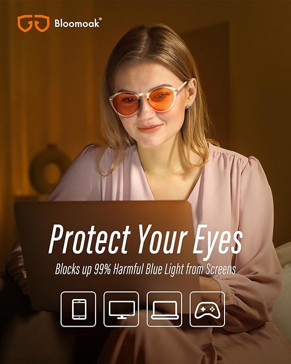 Bloomoak 99.9% Blue Light Blocking Glasses, Gaming Retro Round Glasses, Relieve Eye Fatigue and Improve Sleep, Suitable for Screens/Games/TVs