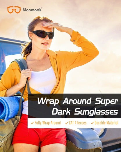 Bloomoak Super Dark Lens Black Polarized Sunglasses | Wrap Around Sunglasses Unsex | UV400 | CAT 4 | For photophobia(Sensitive Eyes)